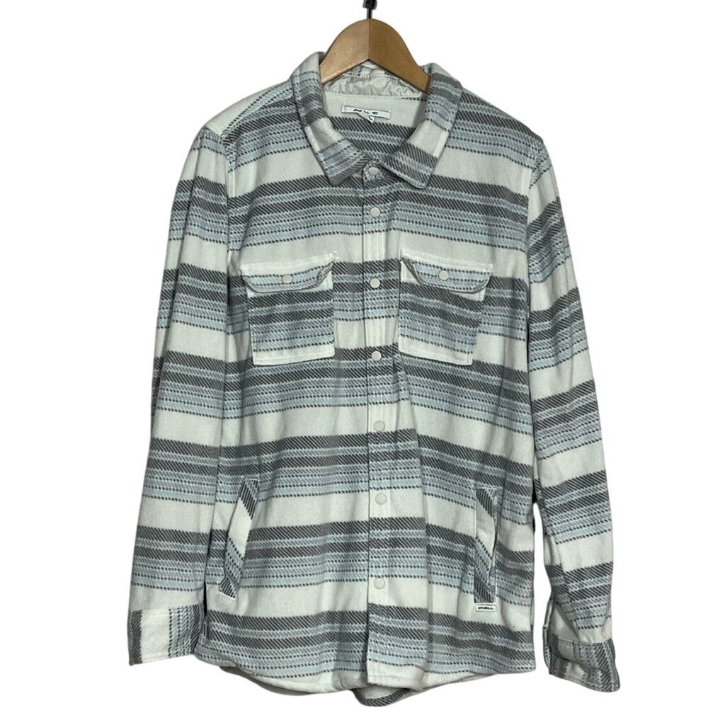 O'NEILL Large Mens Plaid Plush Polar Fleece Shirt Jacket Pockets Surfer Preppy